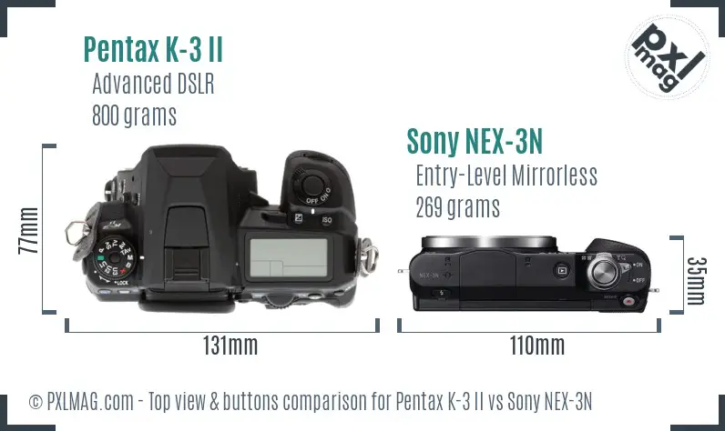 Pentax K-3 II vs Sony NEX-3N top view buttons comparison