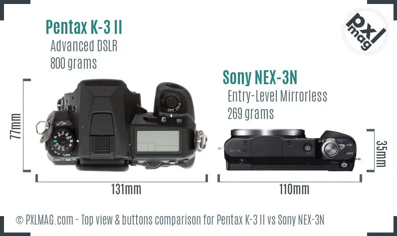 Pentax K-3 II vs Sony NEX-3N top view buttons comparison Pentax K-3 II vs Sony NEX-3N top view buttons comparison