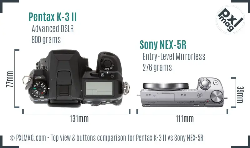 Pentax K-3 II vs Sony NEX-5R top view buttons comparison