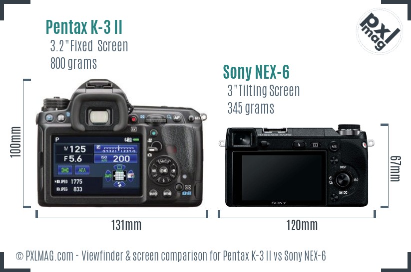 Pentax K-3 II vs Sony NEX-6 Screen and Viewfinder comparison