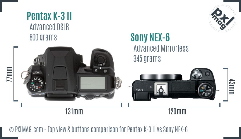Pentax K-3 II vs Sony NEX-6 top view buttons comparison