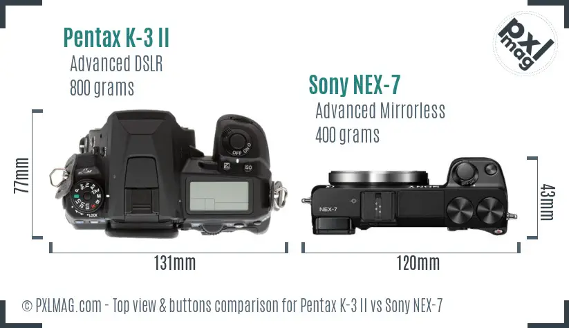 Pentax K-3 II vs Sony NEX-7 top view buttons comparison