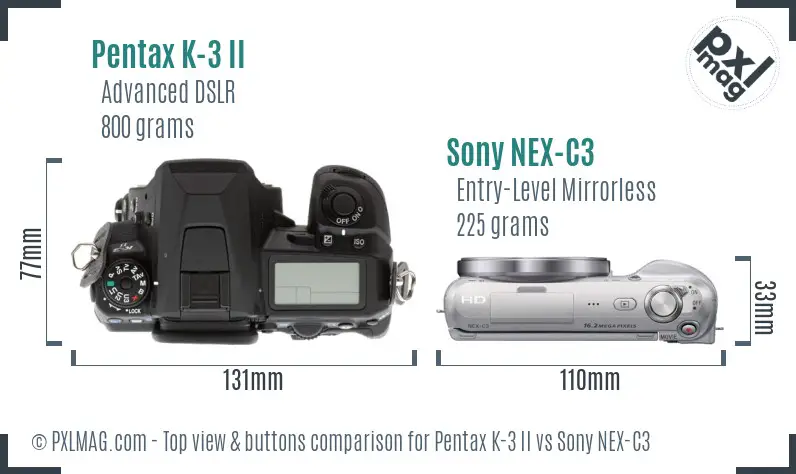 Pentax K-3 II vs Sony NEX-C3 top view buttons comparison