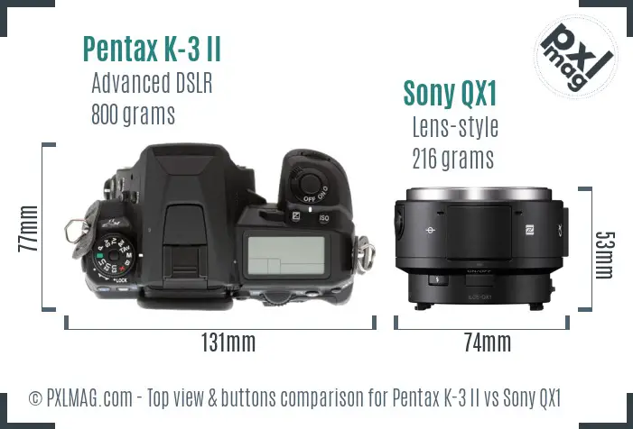 Pentax K-3 II vs Sony QX1 top view buttons comparison