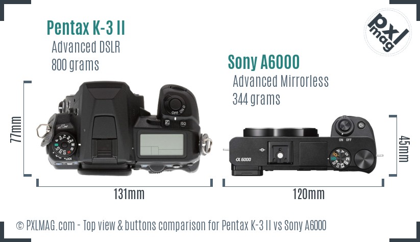 Pentax K-3 II vs Sony A6000 top view buttons comparison