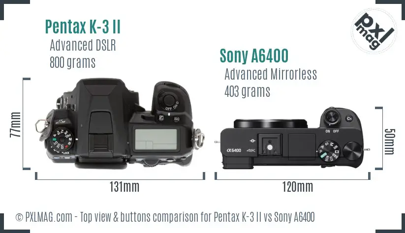 Pentax K-3 II vs Sony A6400 top view buttons comparison