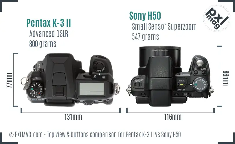 Pentax K-3 II vs Sony H50 top view buttons comparison