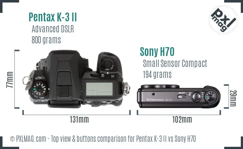 Pentax K-3 II vs Sony H70 top view buttons comparison