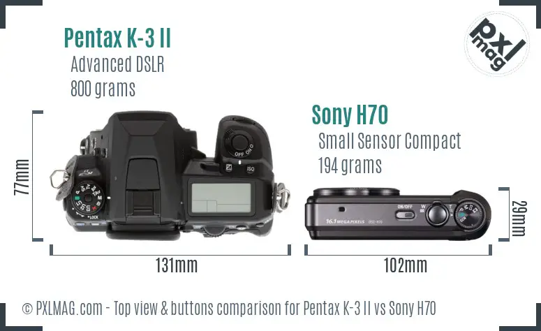 Pentax K-3 II vs Sony H70 top view buttons comparison Pentax K-3 II vs Sony H70 top view buttons comparison