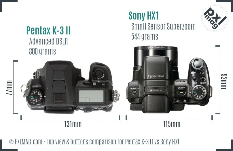 Pentax K-3 II vs Sony HX1 top view buttons comparison