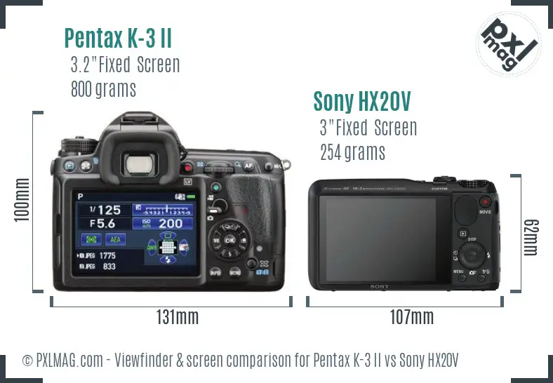 Pentax K-3 II vs Sony HX20V Screen and Viewfinder comparison