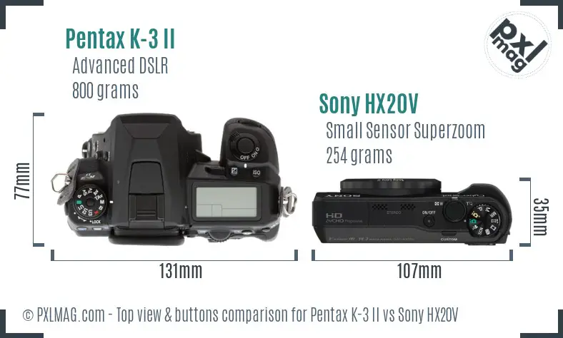 Pentax K-3 II vs Sony HX20V top view buttons comparison