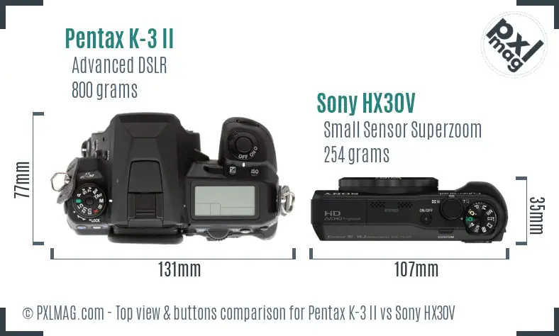 Pentax K-3 II vs Sony HX30V top view buttons comparison