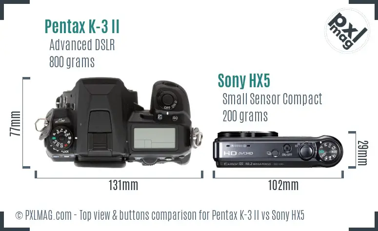 Pentax K-3 II vs Sony HX5 top view buttons comparison Pentax K-3 II vs Sony HX5 top view buttons comparison