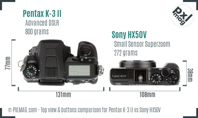 Pentax K-3 II vs Sony HX50V top view buttons comparison