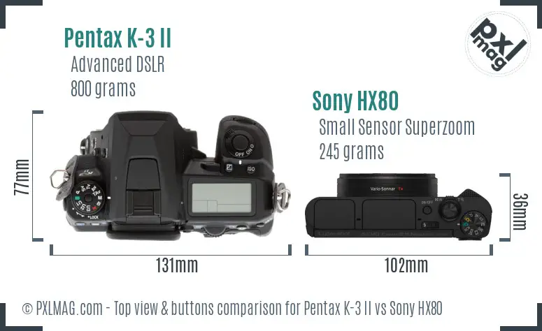 Pentax K-3 II vs Sony HX80 top view buttons comparison