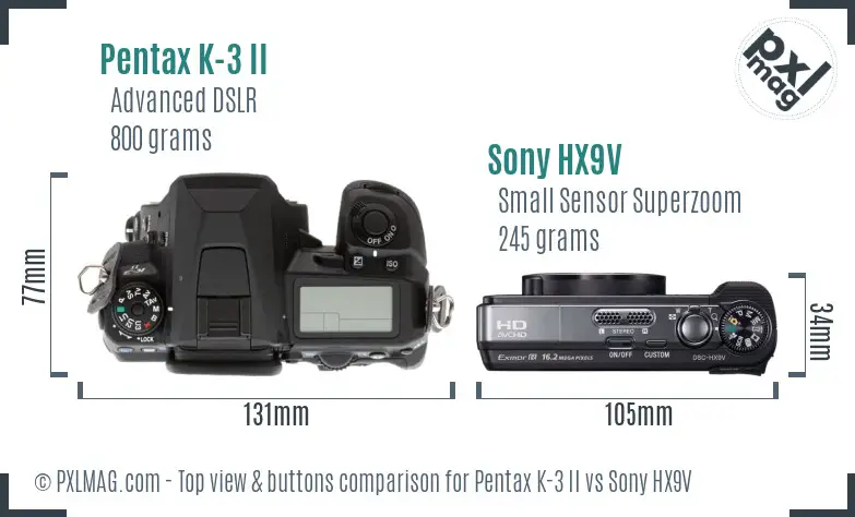 Pentax K-3 II vs Sony HX9V top view buttons comparison