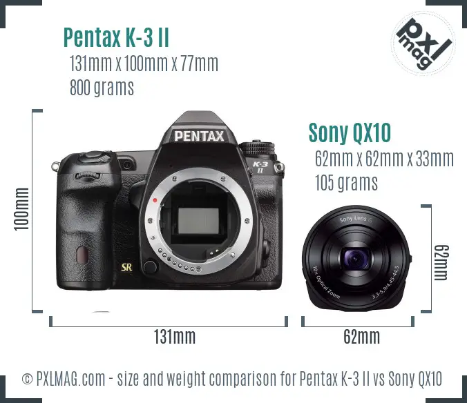 Pentax K-3 II vs Sony QX10 size comparison