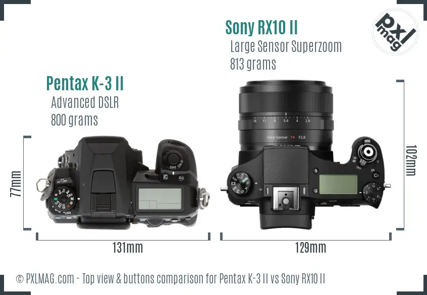 Pentax K-3 II vs Sony RX10 II top view buttons comparison
