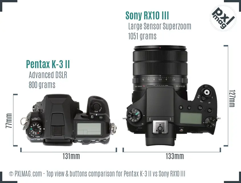 Pentax K-3 II vs Sony RX10 III top view buttons comparison