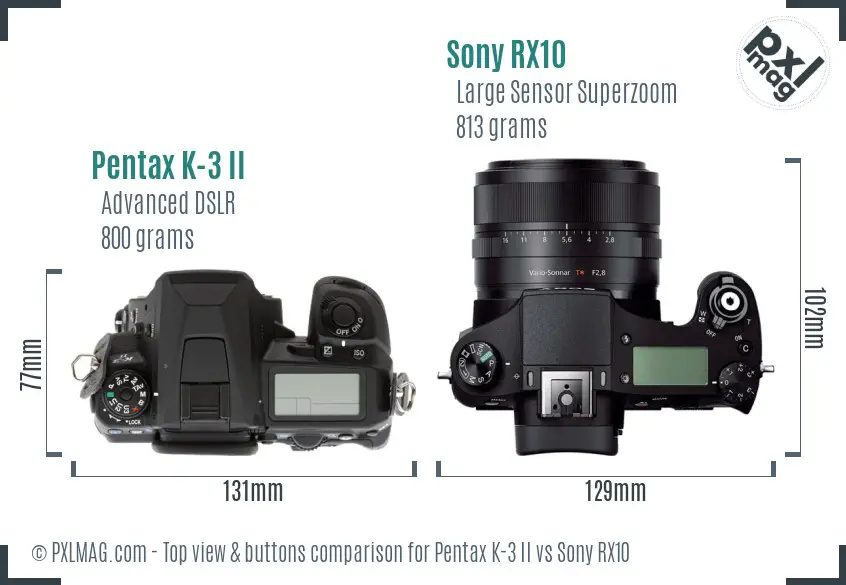 Pentax K-3 II vs Sony RX10 top view buttons comparison