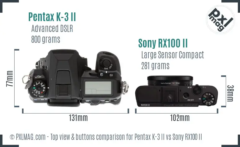 Pentax K-3 II vs Sony RX100 II top view buttons comparison