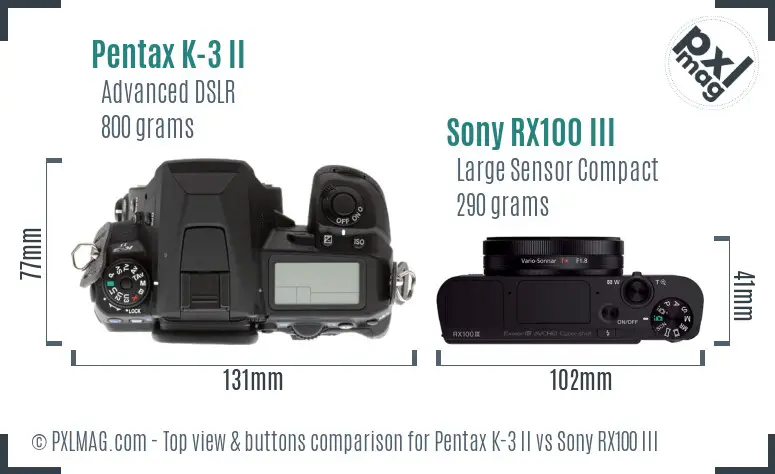 Pentax K-3 II vs Sony RX100 III top view buttons comparison Pentax K-3 II vs Sony RX100 III top view buttons comparison