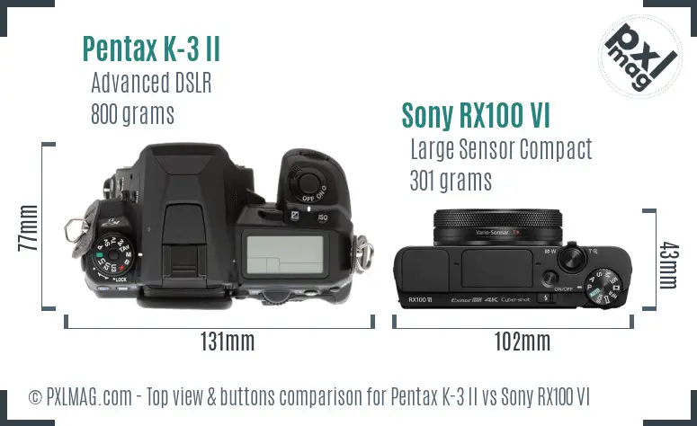 Pentax K-3 II vs Sony RX100 VI top view buttons comparison