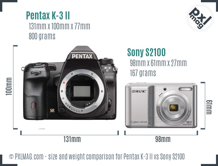 Pentax K-3 II vs Sony S2100 size comparison