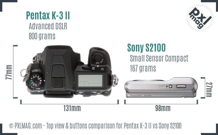 Pentax K-3 II vs Sony S2100 top view buttons comparison