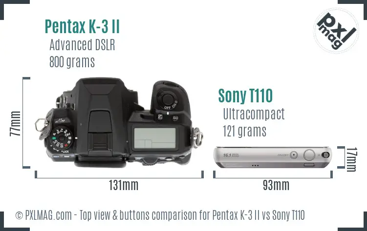 Pentax K-3 II vs Sony T110 top view buttons comparison