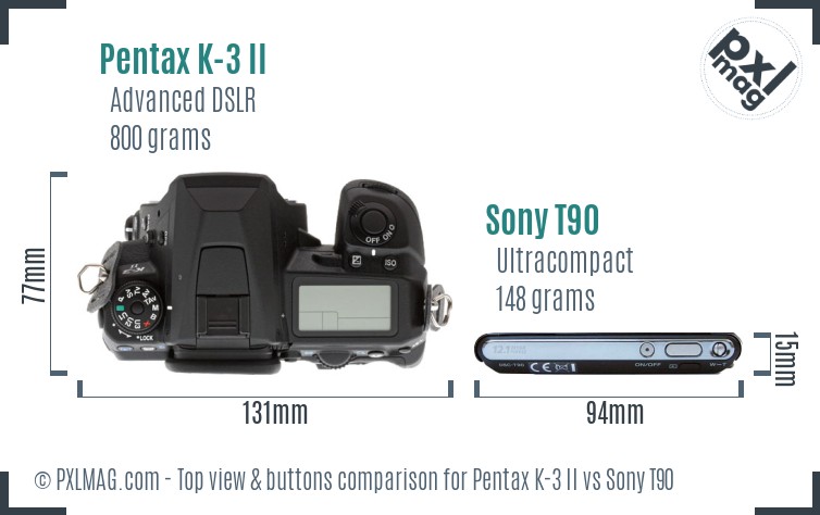 Pentax K-3 II vs Sony T90 top view buttons comparison