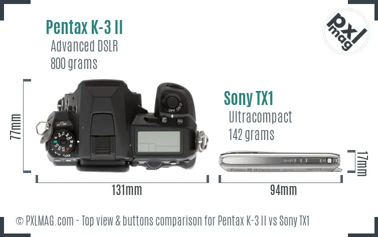 Pentax K-3 II vs Sony TX1 top view buttons comparison