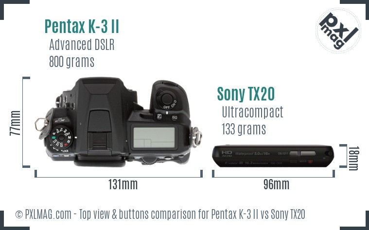 Pentax K-3 II vs Sony TX20 top view buttons comparison