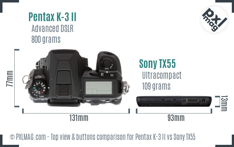 Pentax K-3 II vs Sony TX55 top view buttons comparison