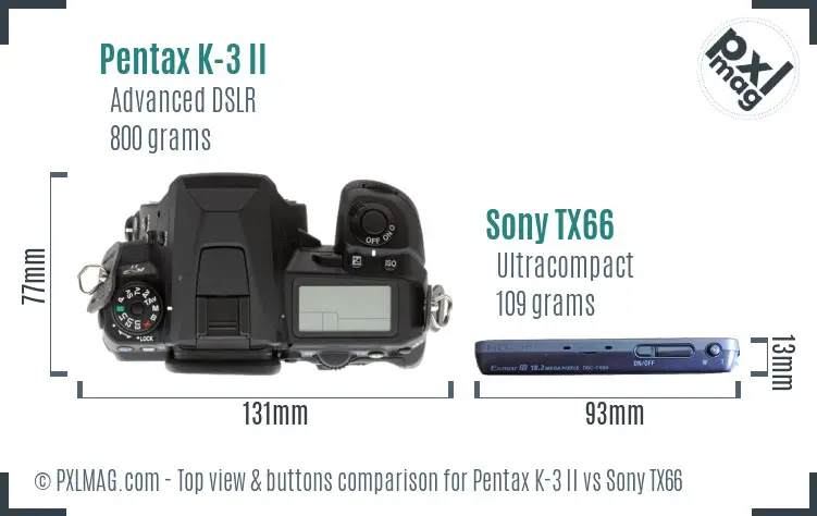 Pentax K-3 II vs Sony TX66 top view buttons comparison