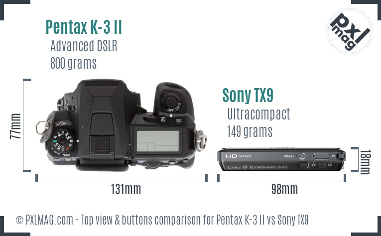 Pentax K-3 II vs Sony TX9 top view buttons comparison