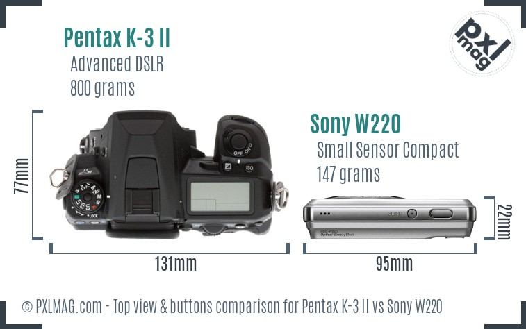 Pentax K-3 II vs Sony W220 top view buttons comparison