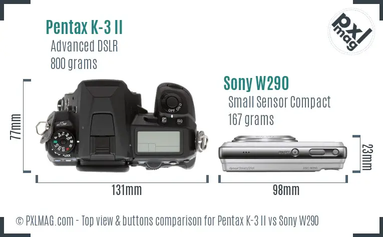 Pentax K-3 II vs Sony W290 top view buttons comparison