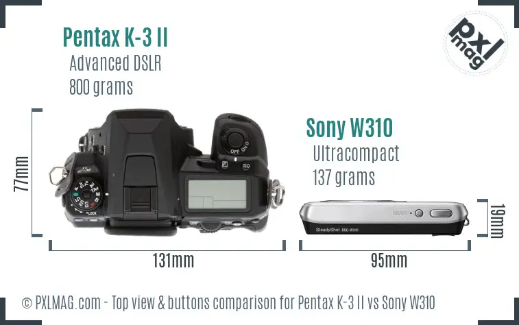 Pentax K-3 II vs Sony W310 top view buttons comparison