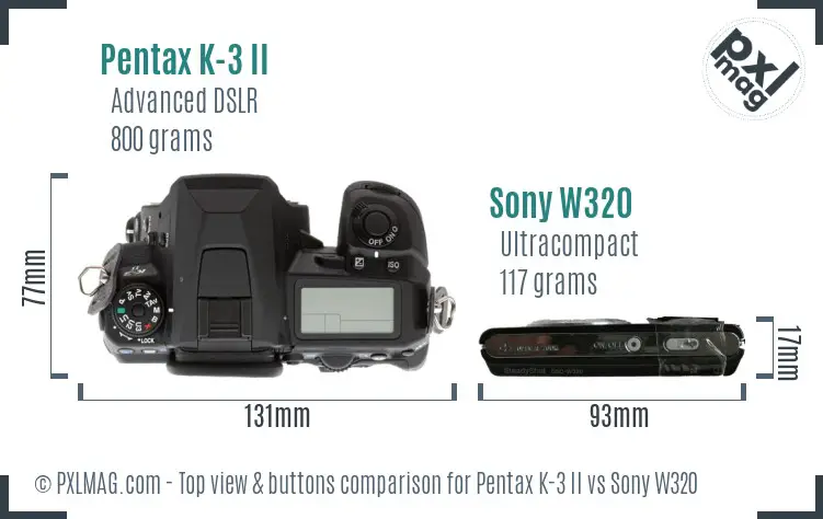 Pentax K-3 II vs Sony W320 top view buttons comparison