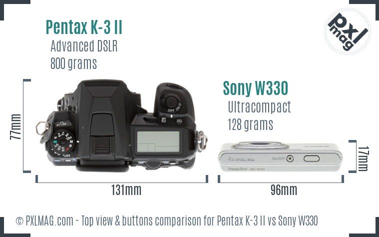 Pentax K-3 II vs Sony W330 top view buttons comparison