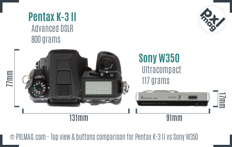 Pentax K-3 II vs Sony W350 top view buttons comparison