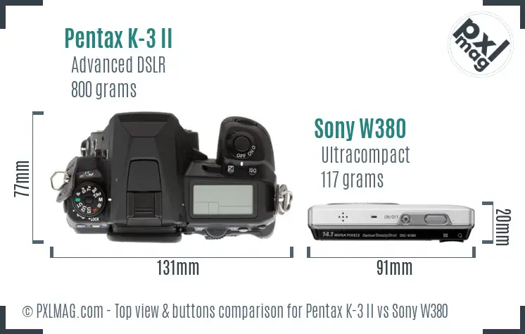Pentax K-3 II vs Sony W380 top view buttons comparison