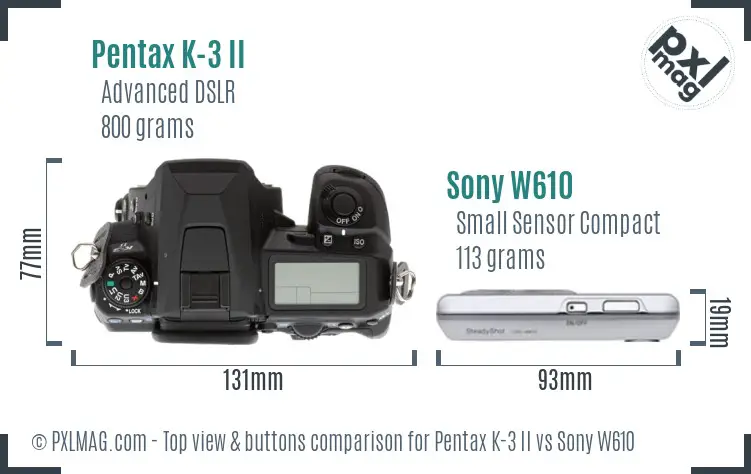 Pentax K-3 II vs Sony W610 top view buttons comparison Pentax K-3 II vs Sony W610 top view buttons comparison