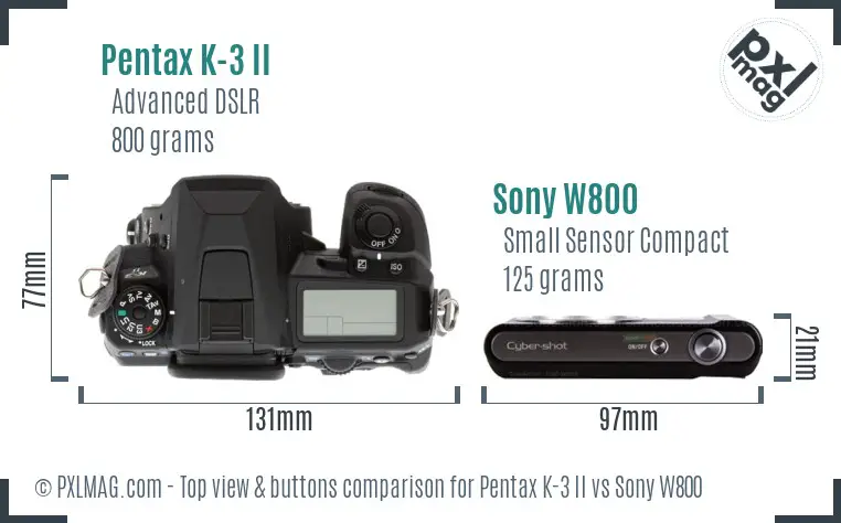 Pentax K-3 II vs Sony W800 top view buttons comparison Pentax K-3 II vs Sony W800 top view buttons comparison