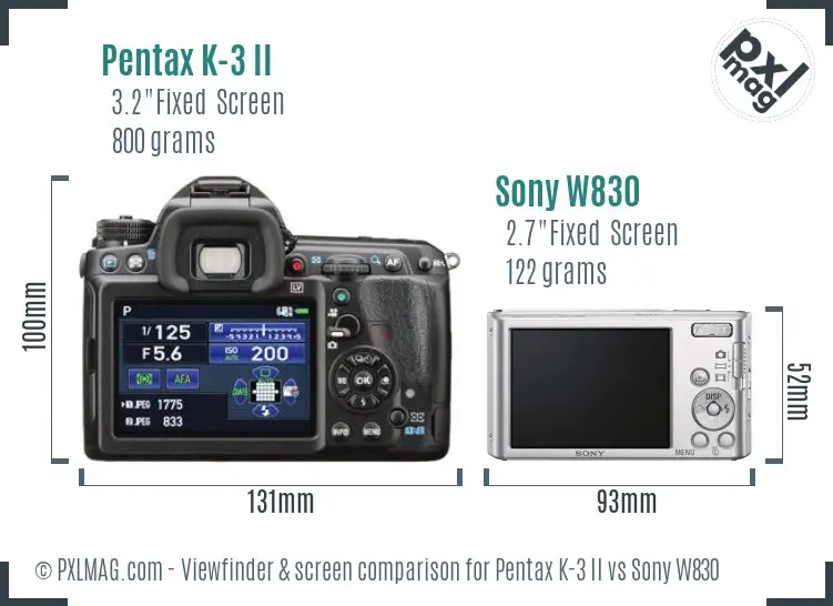 Pentax K-3 II vs Sony W830 Screen and Viewfinder comparison