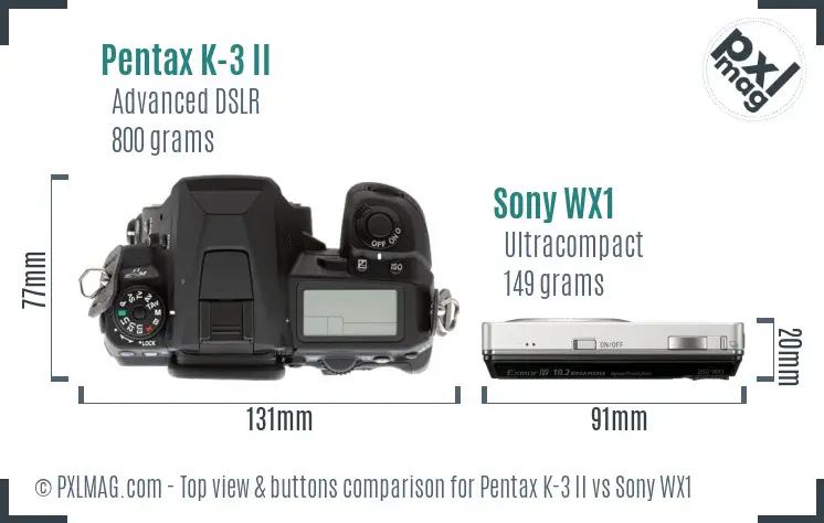 Pentax K-3 II vs Sony WX1 top view buttons comparison