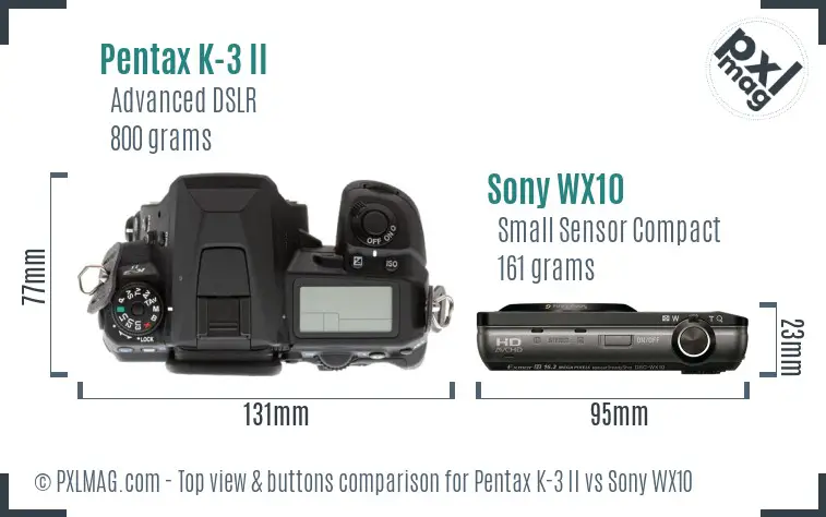 Pentax K-3 II vs Sony WX10 top view buttons comparison
