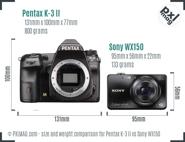 Pentax K-3 II vs Sony WX150 size comparison